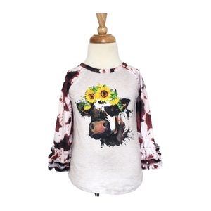 Girls Shirt. Sunflower Crown on a Cow, Shirt with ruffled cow print sleeves